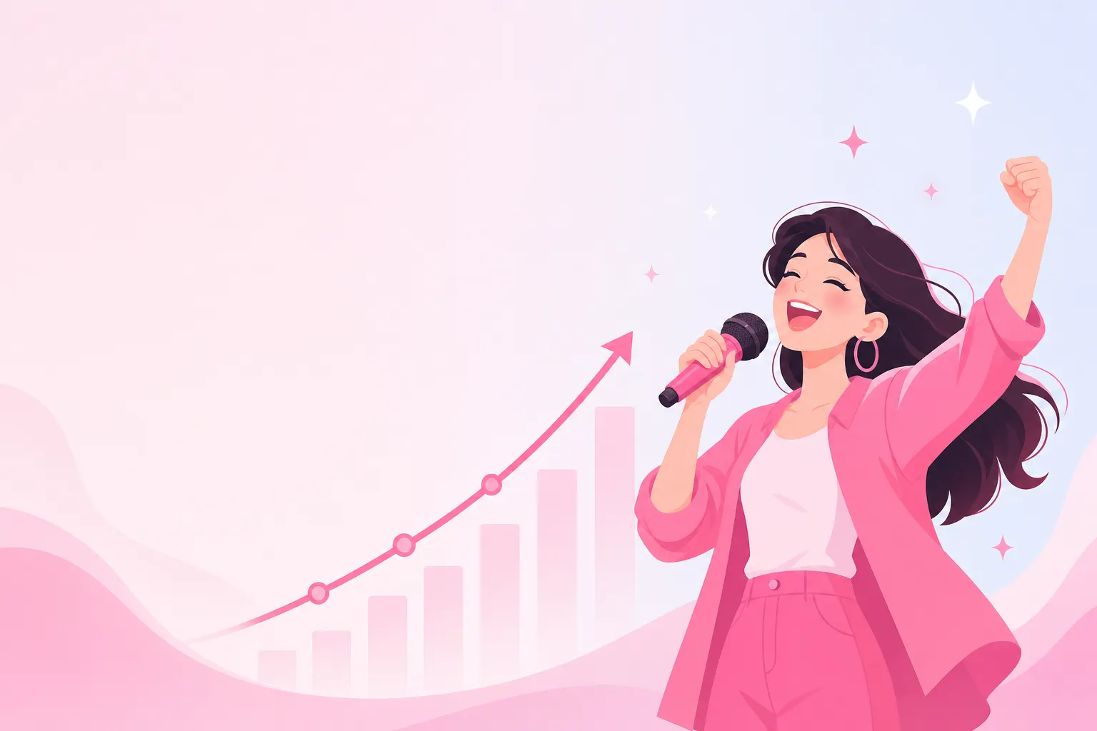 マイクを片手に楽しそうに歌う人と、右肩上がりのスコアグラフのイラスト