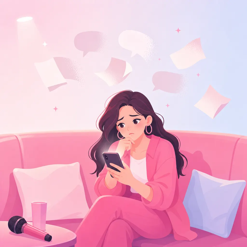 カラオケルームでスマホを見ながら、前回の点数を思い出せず困っている人のイラスト